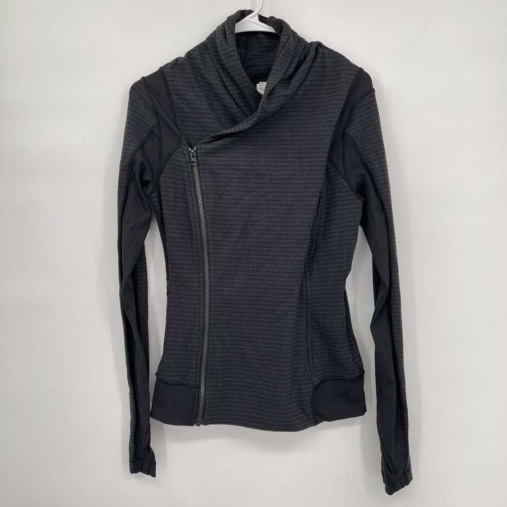 Lululemon 6 Asymmetrical Zip Jacket Womens Gray Striped‎ Shawl Collar Moto Style